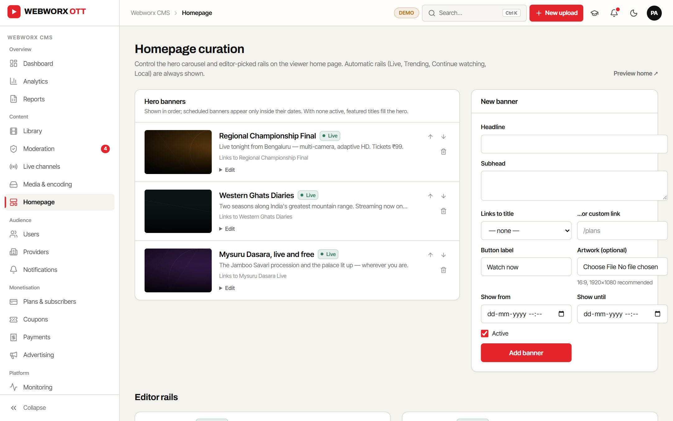 Homepage curation with hero banners and editor rails