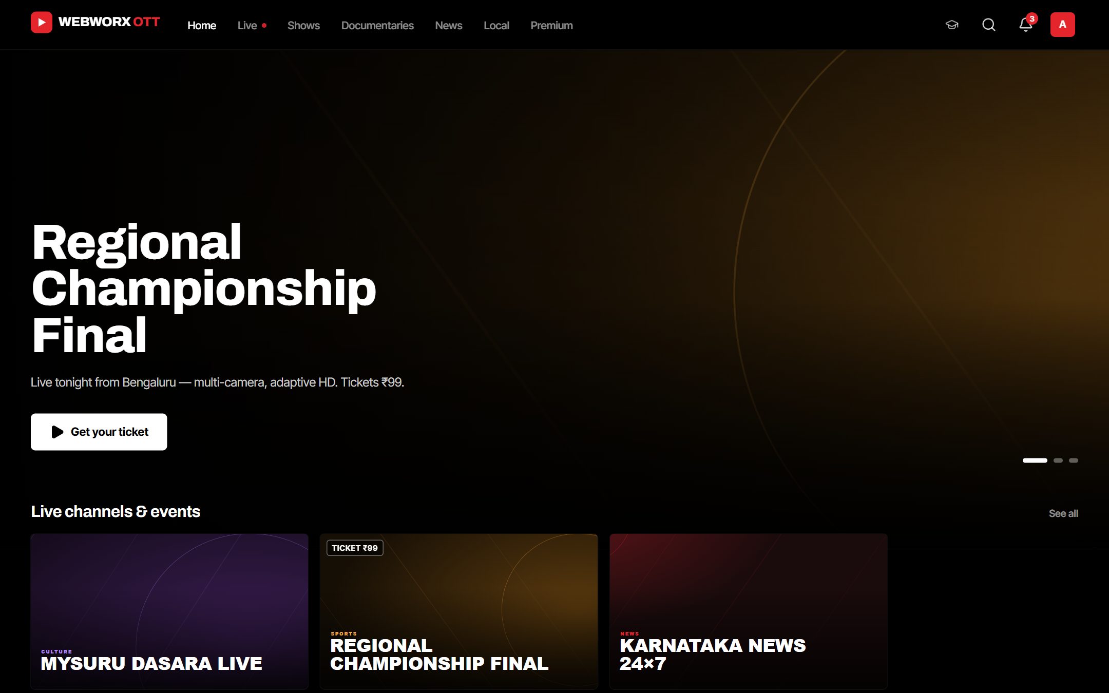 Webworx OTT viewer home page with a featured live final