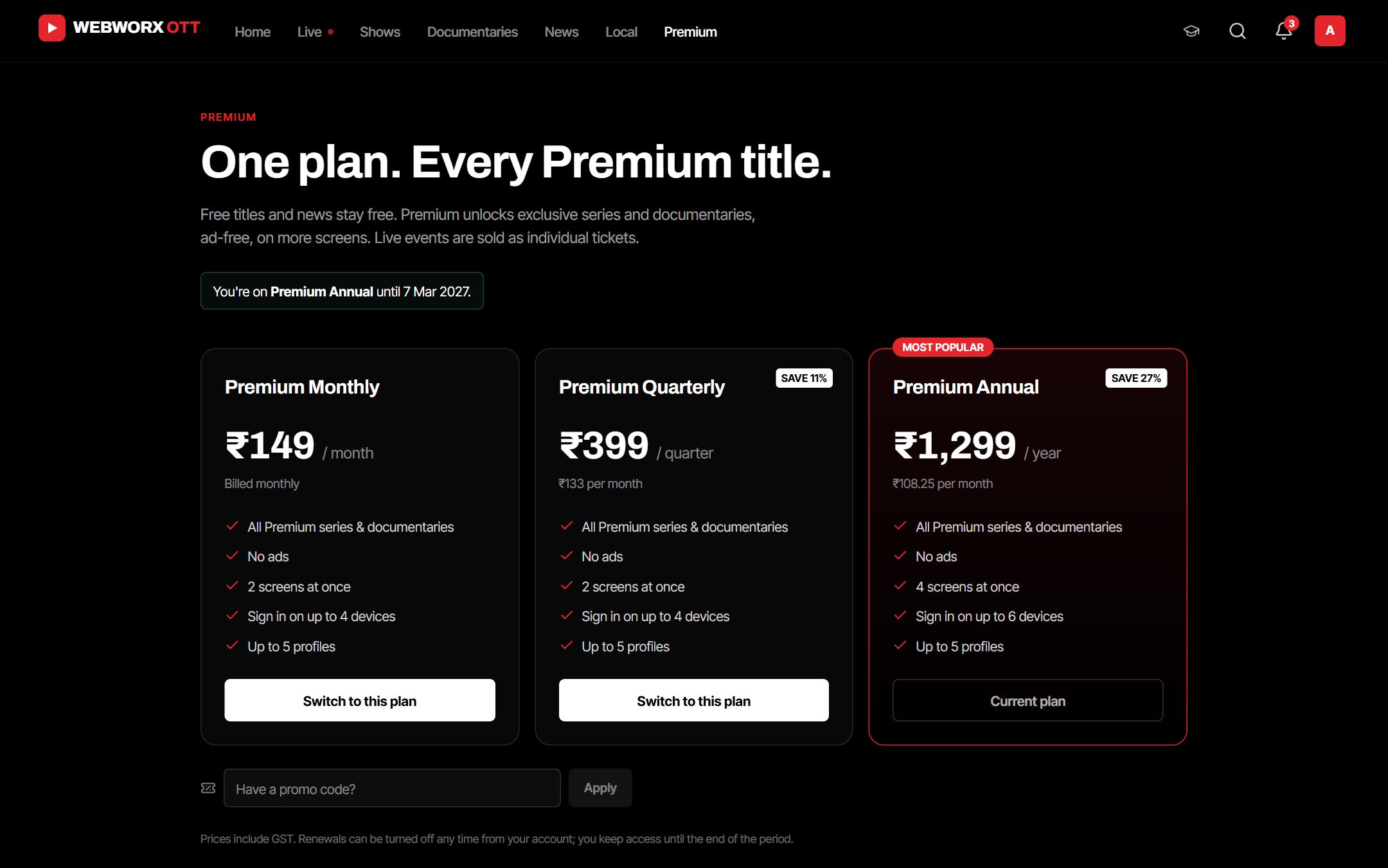 Subscription plans with promo code