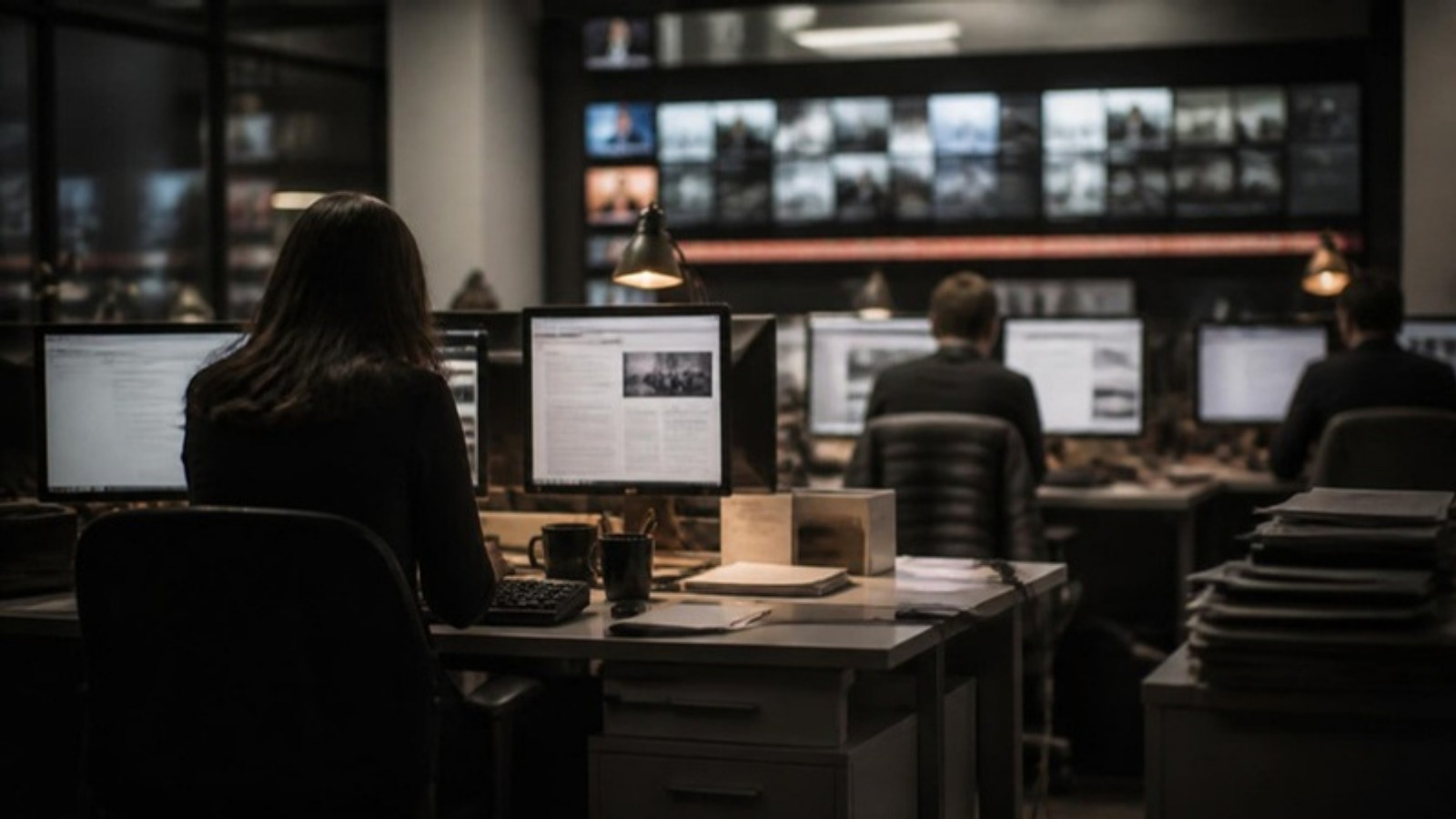 Working newsroom at evening with monitors and a wall of screens