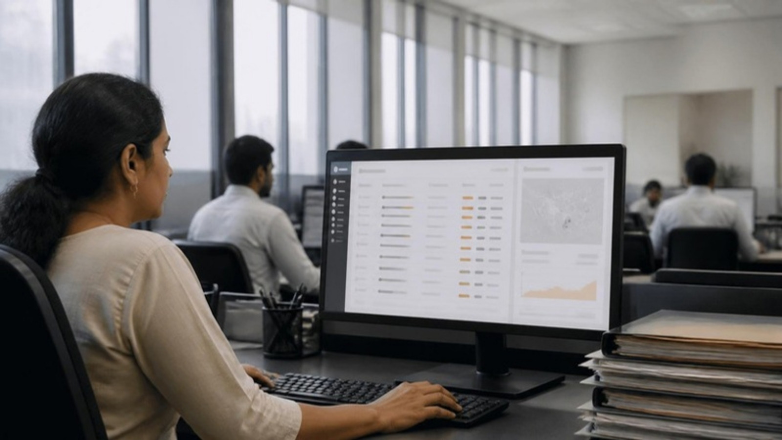 Programme administration office with a case management interface on screen